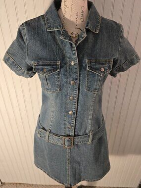 Weather Vane Mini Denim Dungaree Dress – Dropped Waist + Belt (M)